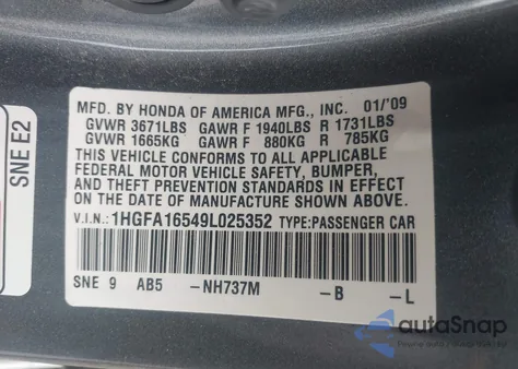 2009 Honda Civic Lx from USA, damaged, VIN 1HGFA16549L025352